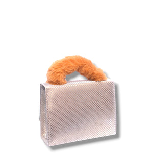 Fur handle metallic bag