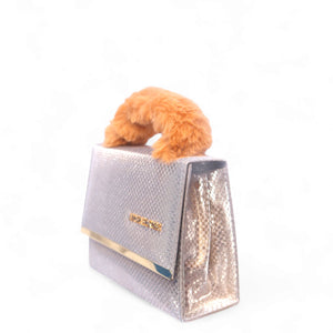 Fur handle metallic bag